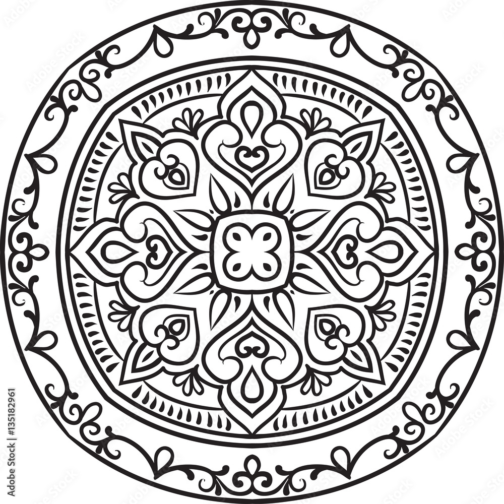 Drawing of a abstract vector with floral round lace mandala, decorative element in ethnic tribal style, black line art on a white background