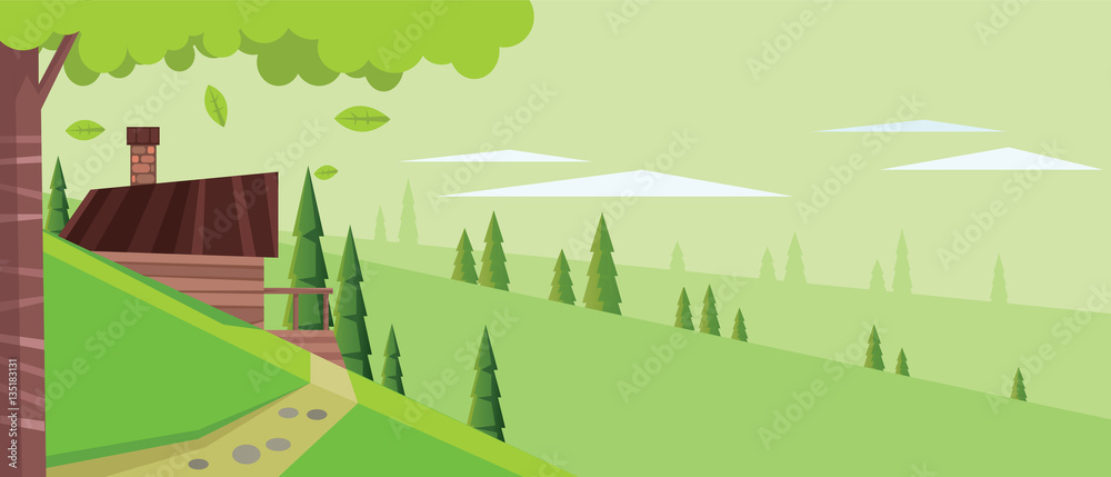 Digital vector abstract background with pines, green fields and clouds, falling leaves, a village house, flat triangle style