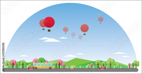 Fototapeta Naklejka Na Ścianę i Meble -  Digital vector abstract background with village, road and cars, red balloons, green and pink trees, flat triangle cartoon style