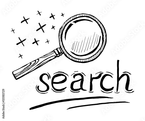 Vector black hand draw sketch illustration of magnifying glass with wooden handle.