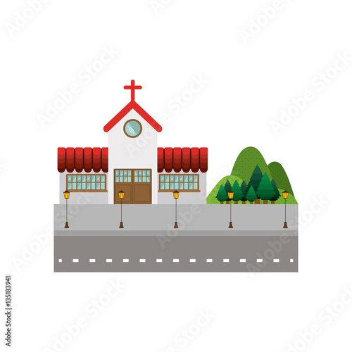background street with church and mountains vector illustration