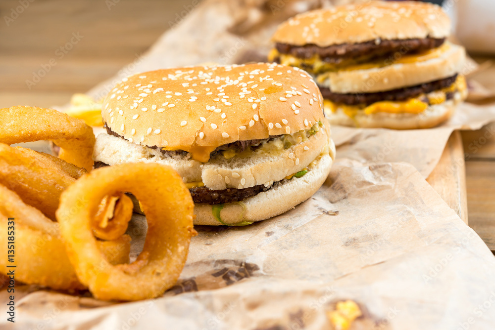 Cheese burger - American cheese burger with Golden onion rings