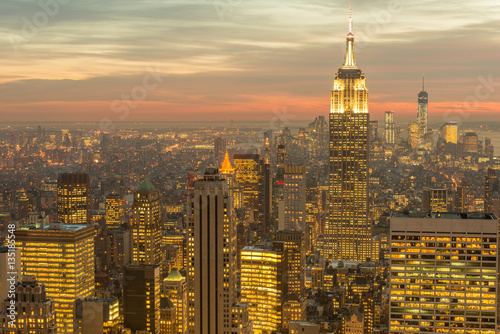 Night view of New York Manhattan during sunset