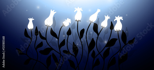 Fototapeta Naklejka Na Ścianę i Meble -  Night flowers blooming vector illustration. Flowers glowing in darkness in fantasy magical scene