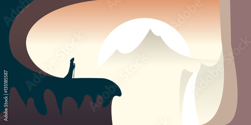 Surreal landscape editable vector. Mysterious cloaked figure standing on the edge of a cliff in majestic landscape with mountains in the distance at sunset