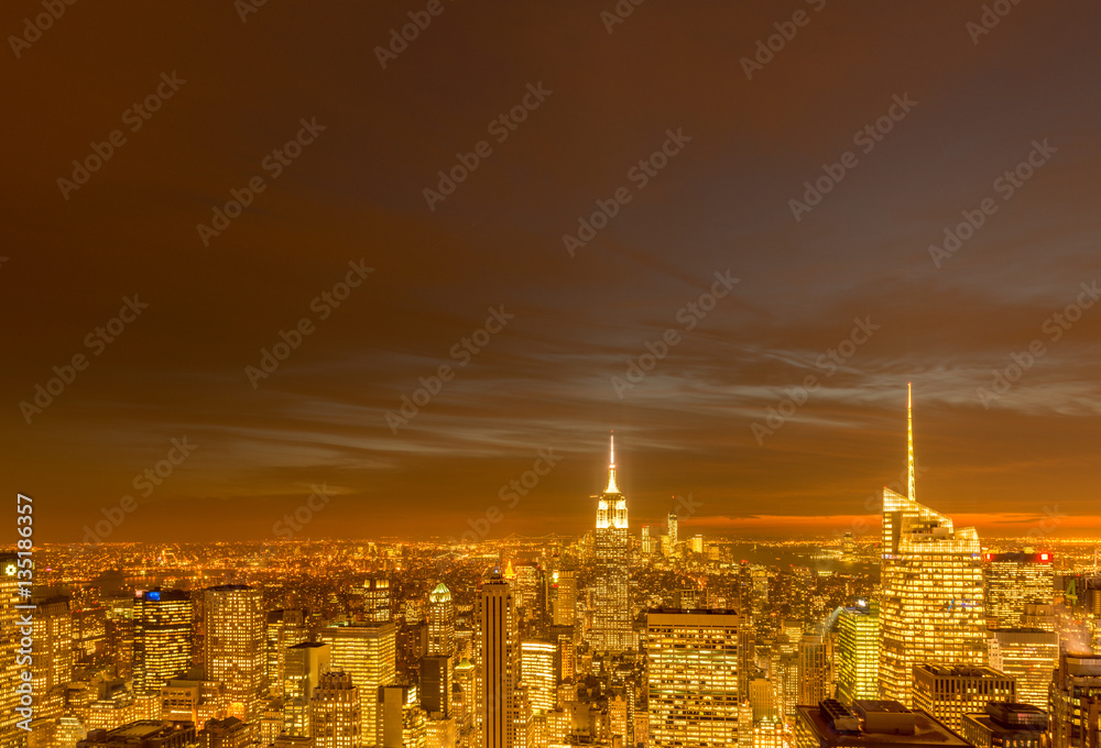 Night view of New York Manhattan during sunset