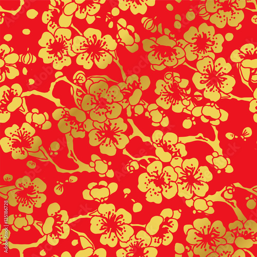 Seamless Golden Chinese Background Cross Plum Blossom