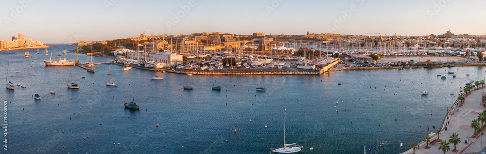Valletta seafront skyline view across Marsamxett from Sliema, Malta.