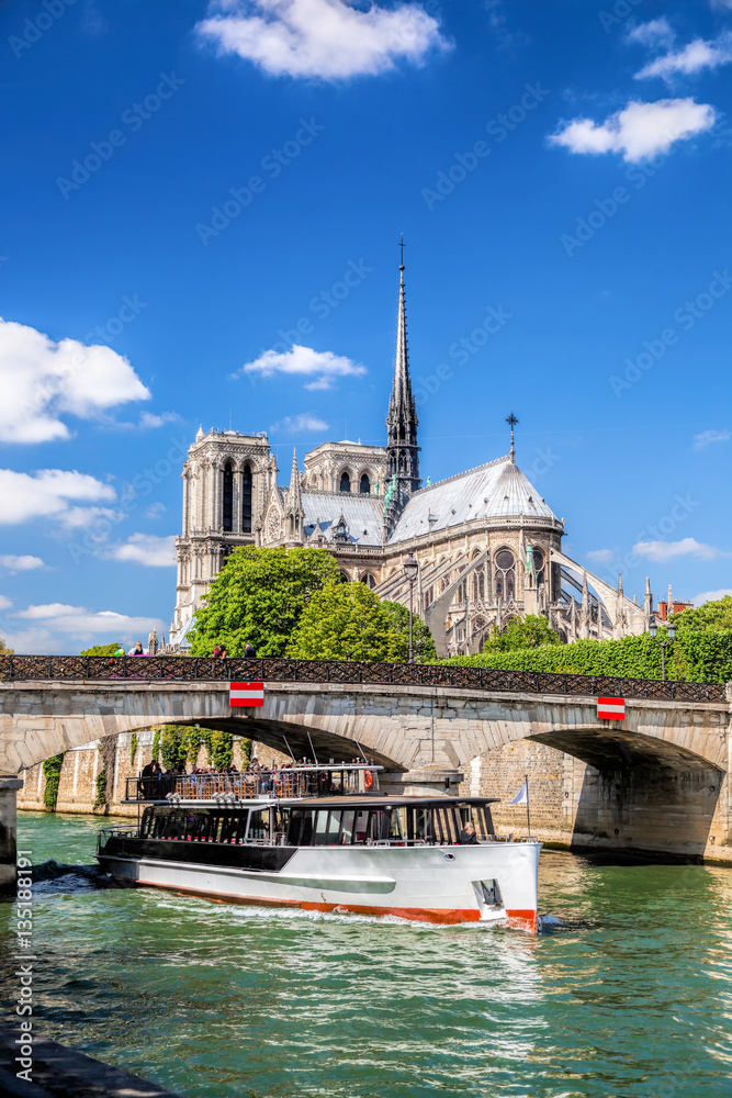 Naklejka premium Paris, Notre Dame cathedral with boat on Seine, France