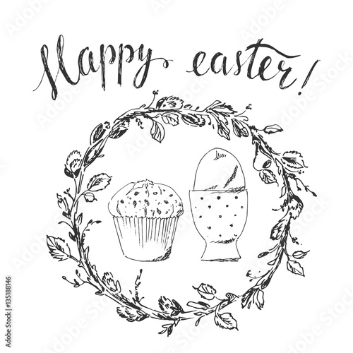Hand drawn ink easter card with willow wreath, egg, cake and lettering