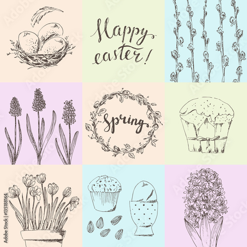 Hand drawn easter card set with flowers and cake