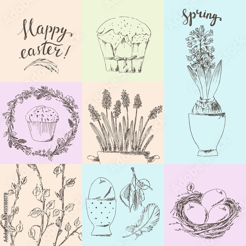 Set of hand drawn easter cards with flowers, easter cake, eggs, wreath