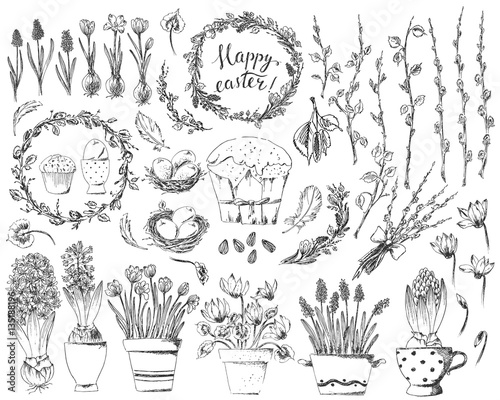 Hand drawn easter design elements set with easter wreath, eggs, flowers, willow branches, nest, hyacinth, crocus.