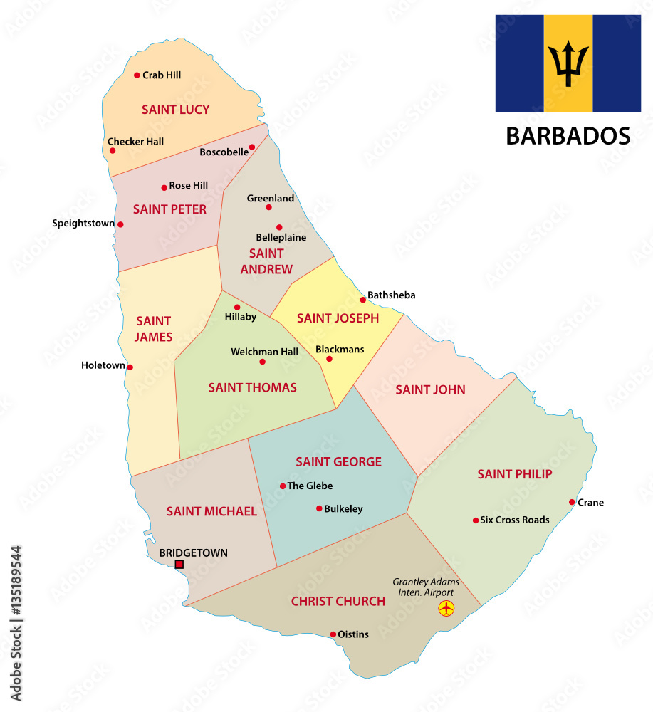 Barbados administrative and political vector map with flag - obrazy, fototapety, plakaty 