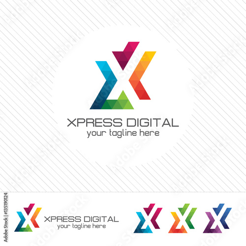 Colorful letter X logo design vector for technology. Digital logo pixel concept with shades gradient color.