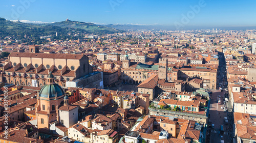 above view of Piazza Maggiore and duomo in Bologna