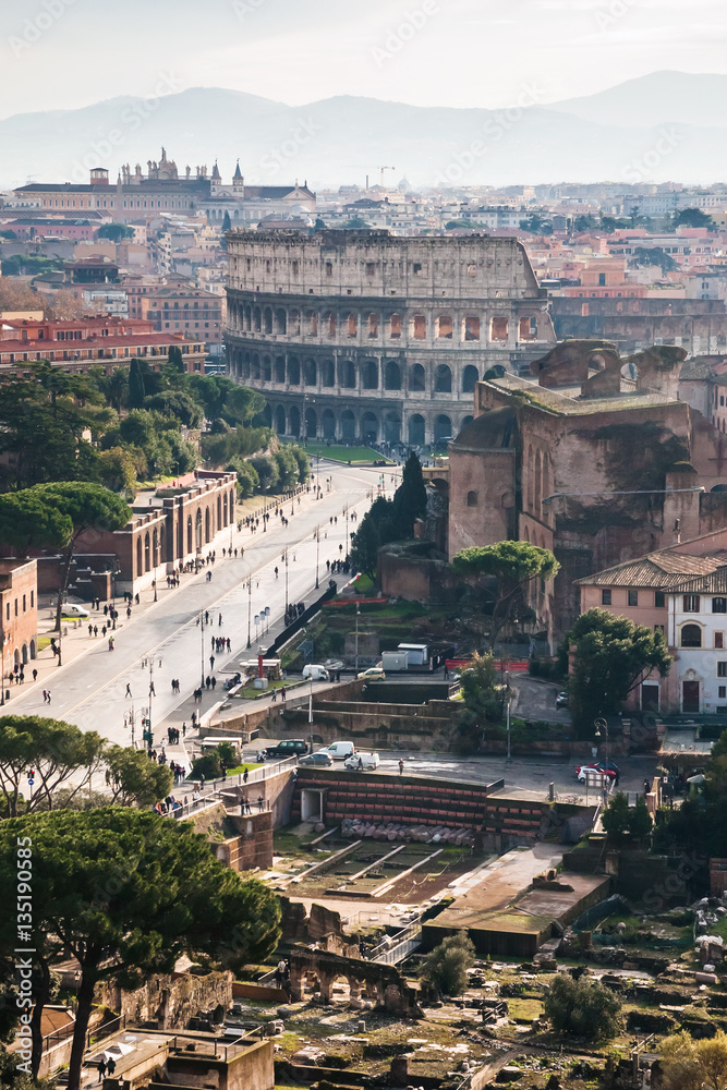 view of Via dei Fori Imperiali and Colosseum