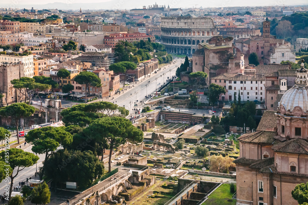 above view of roman forum and Colosseum in Rome