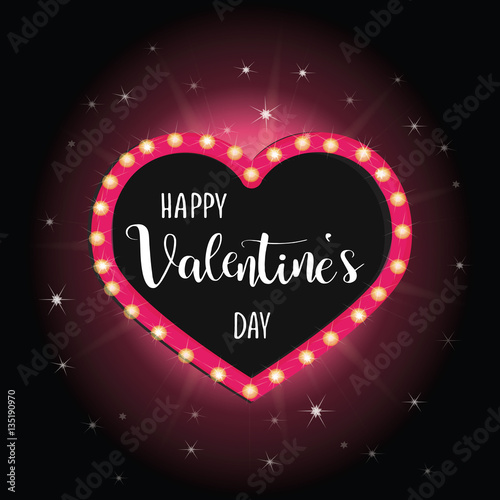 Happy Valentine's day vector pink. Neon lights heart calligraphy