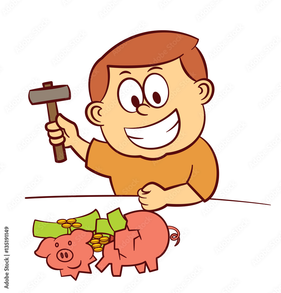 Boy Breaking Piggy Bank with Hammer Cartoon Illustration Stock Vector ...