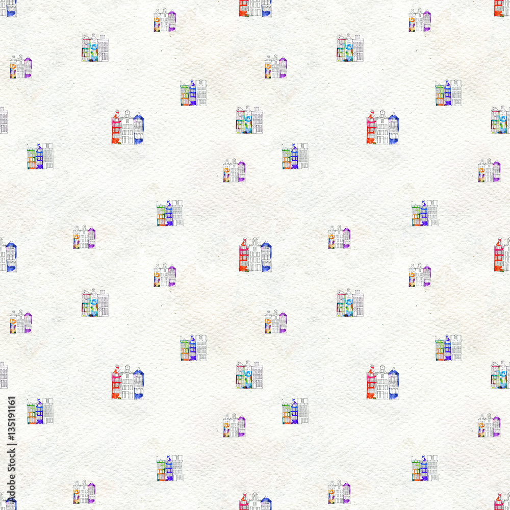Seamless pattern eith watercolor Amsterdam houses