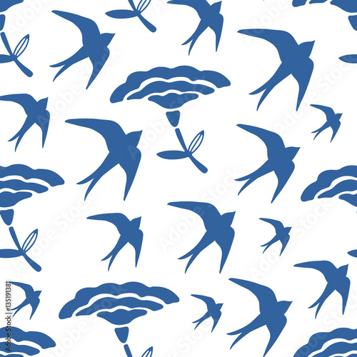 Seamless pattern with hearts flowers and swallows
