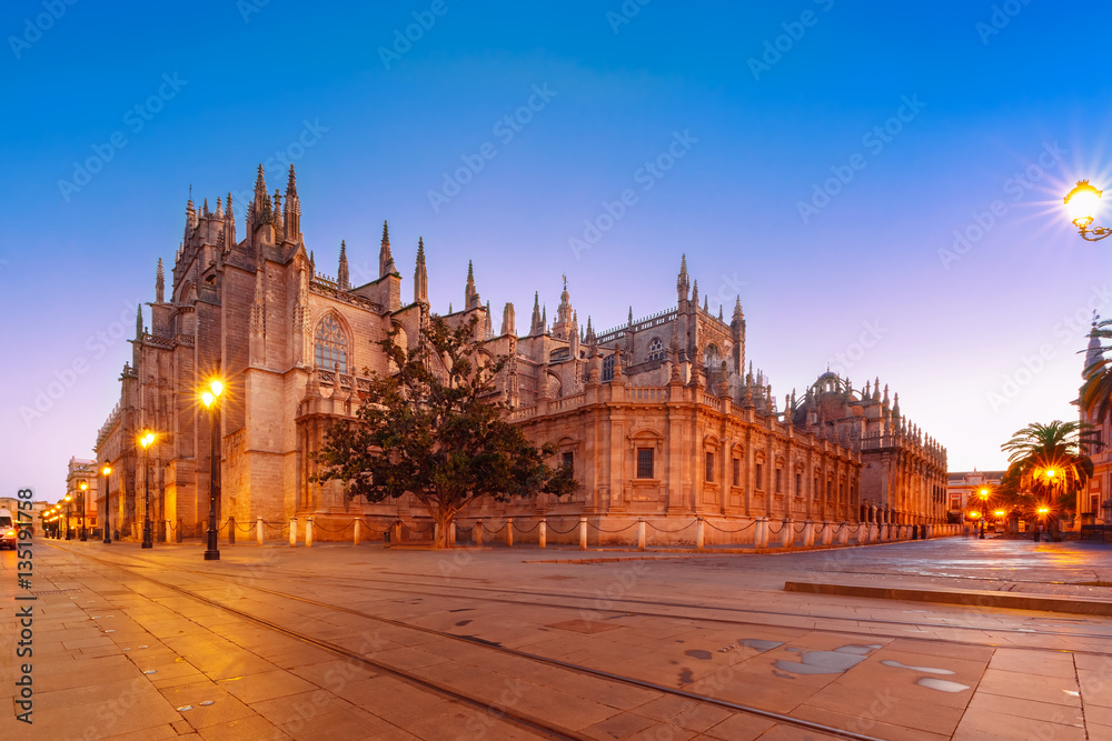 Panorama of catholic Cathedral Saint Mary of the See in the morning, Seville, Andalusia, Spain