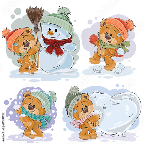 Set vector clip art illustrations of funny teddy bears