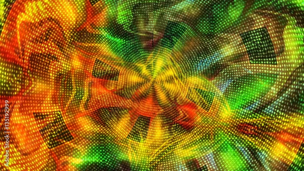 A multi-colored psychedelic animated fractal provides a colorful main, background or design element video.