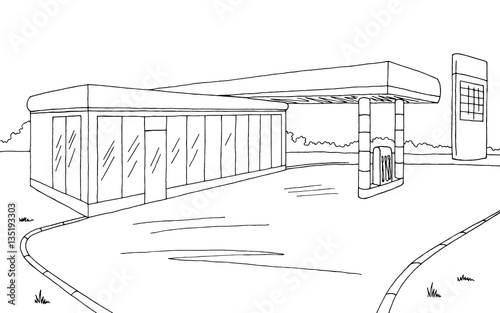 Gas station graphic black white sketch illustration vector