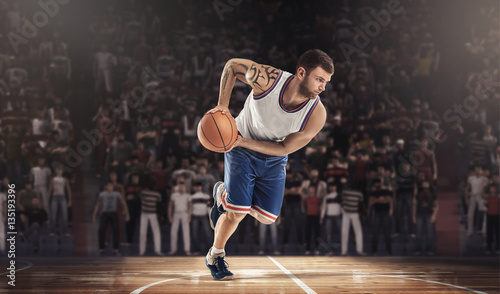 basketball player running with ball on stadium 3d