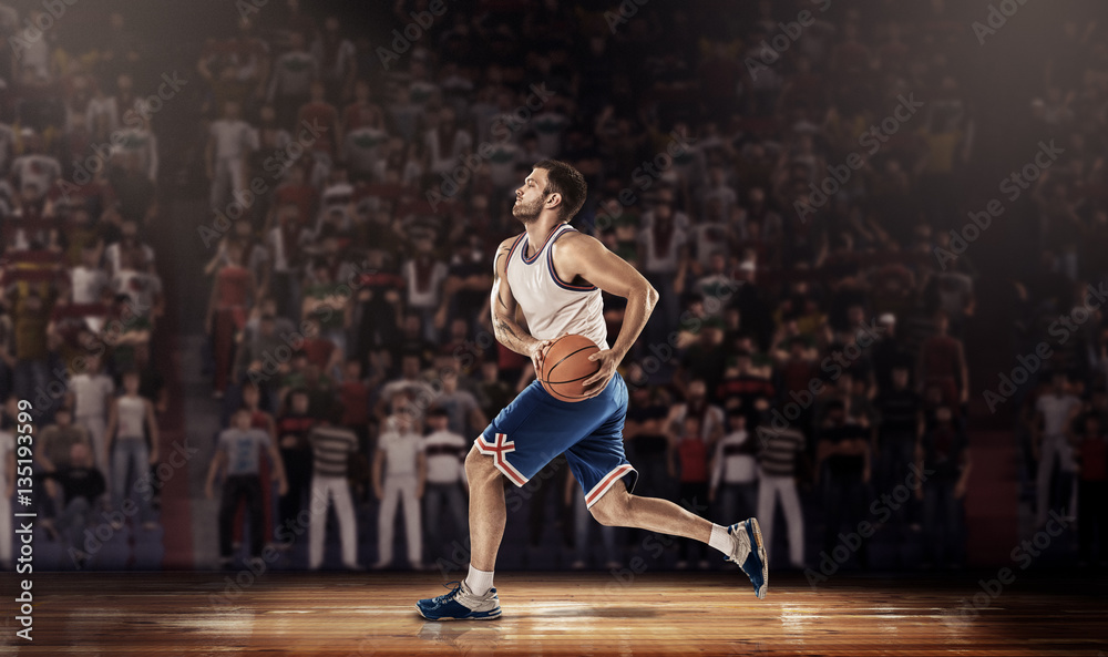 basketball player on parquet with ball in light rays