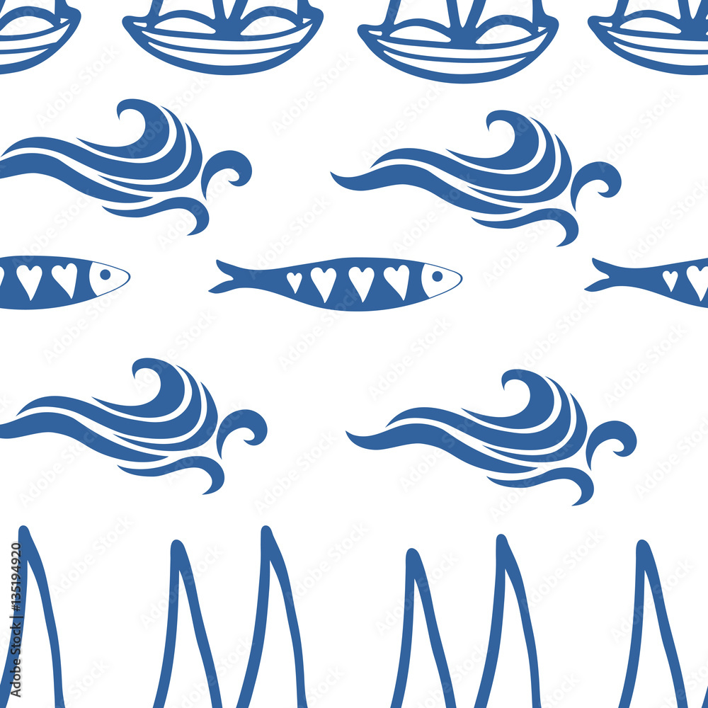 Seamless pattern with boats waves and sardines Seamless pattern with boats waves and sardines