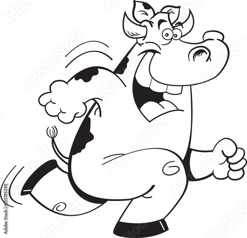 Black and white illustration of a cow running.