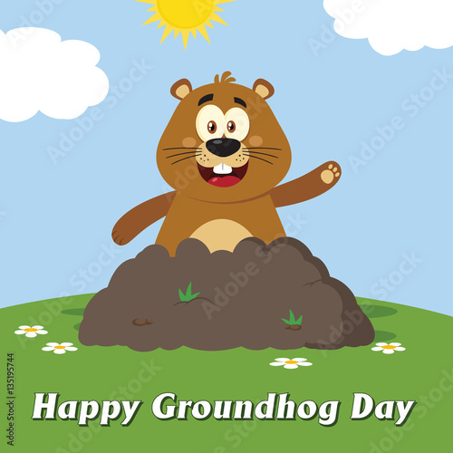 Happy Marmot Cartoon Mascot Character Waving In Groundhog Day. Illustration Flat Design With Background And Text Happy Groundhog Day