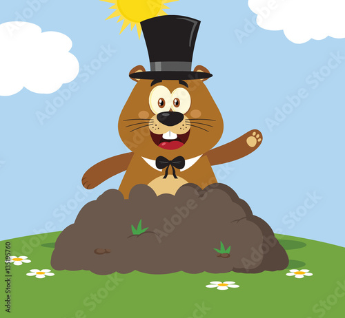 Happy Marmot Cartoon Mascot Character With Cylinder Hat Waving In Groundhog Day. Illustration Flat Design With Background