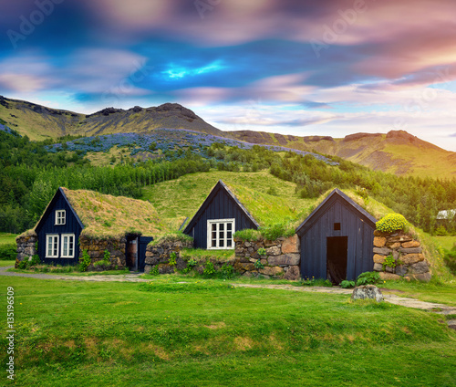 Tipical view of Icelandic turf-top houses.