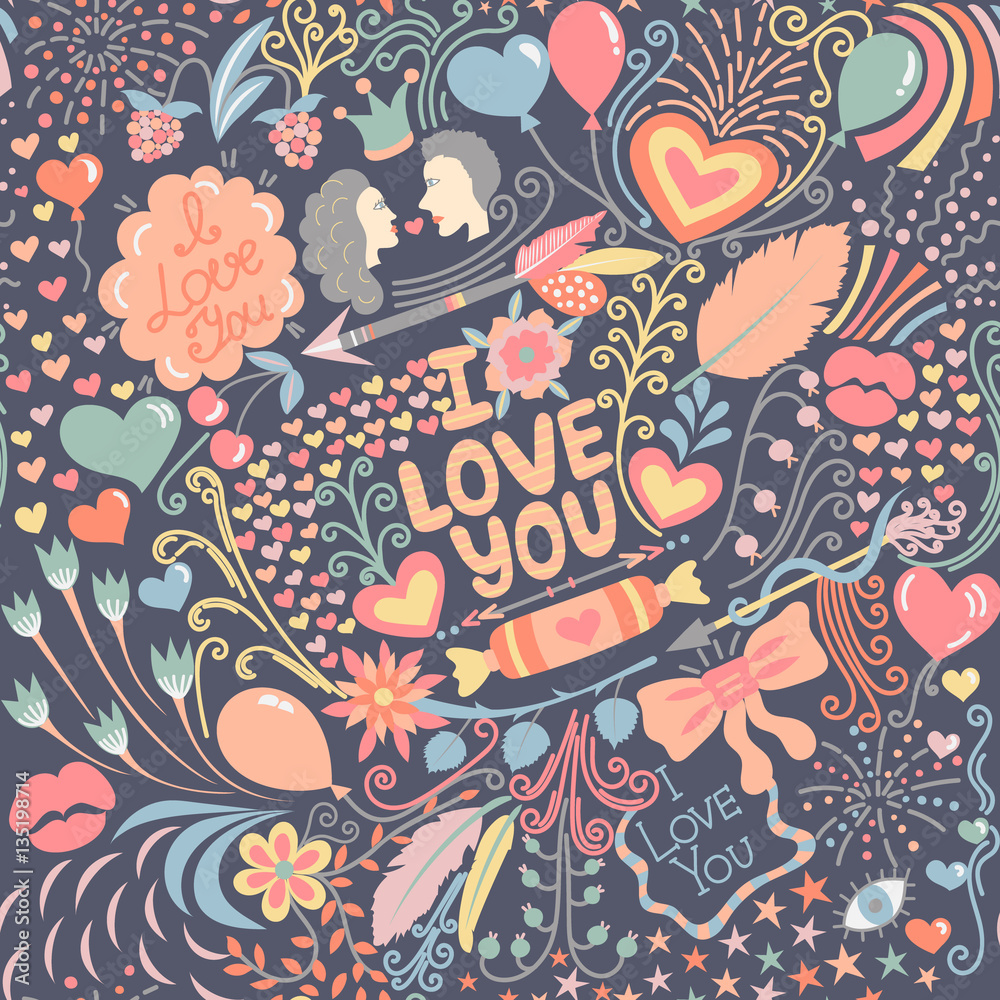 Seamless pattern with hand drawn love elements. Colorful greeting background on Valentine's Day. Holiday. It can be used for wallpaper, textiles, wrapping, card. Vector illustration, eps10 Seamless pattern with hand drawn love elements. Colorful greeting background on Valentine's Day. Holiday. It can be used for wallpaper, textiles, wrapping, card. Vector illustration, eps10