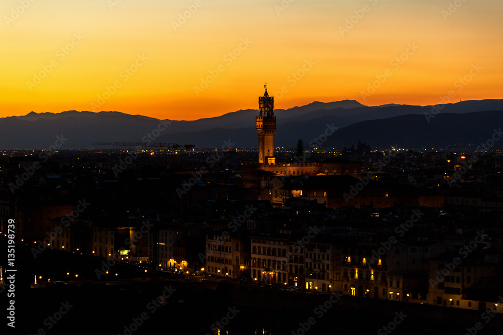 Florence at sunset with floodlight at Palazzo Vecchio