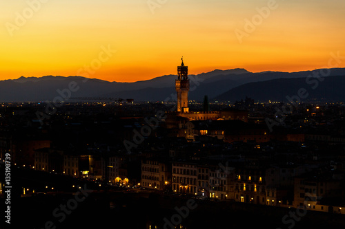 Florence at sunset with floodlight at Palazzo Vecchio