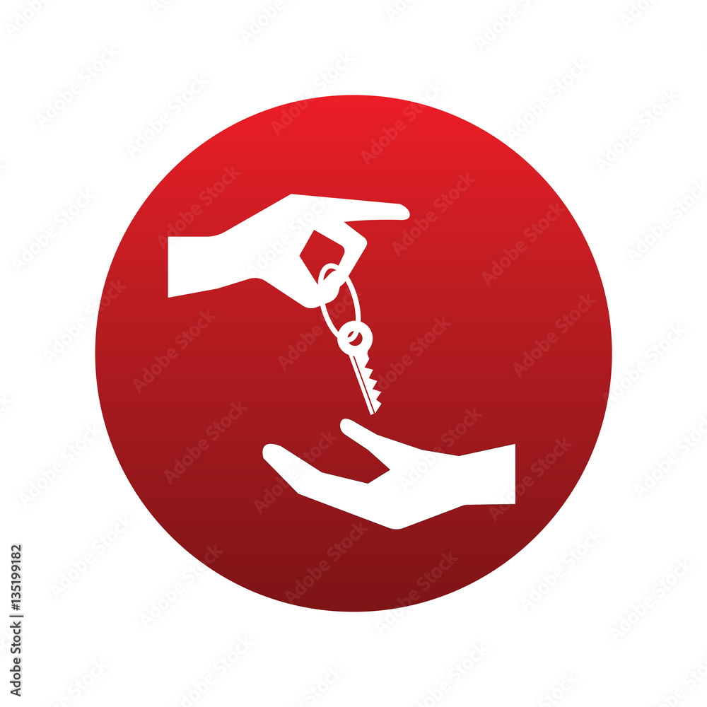 Hands with key icon isolated vector sign symbol on red background. Transport elements. Can be used in logo, UI and web design Hands with key icon isolated vector sign symbol on red background. Transport elements. Can be used in logo, UI and web design