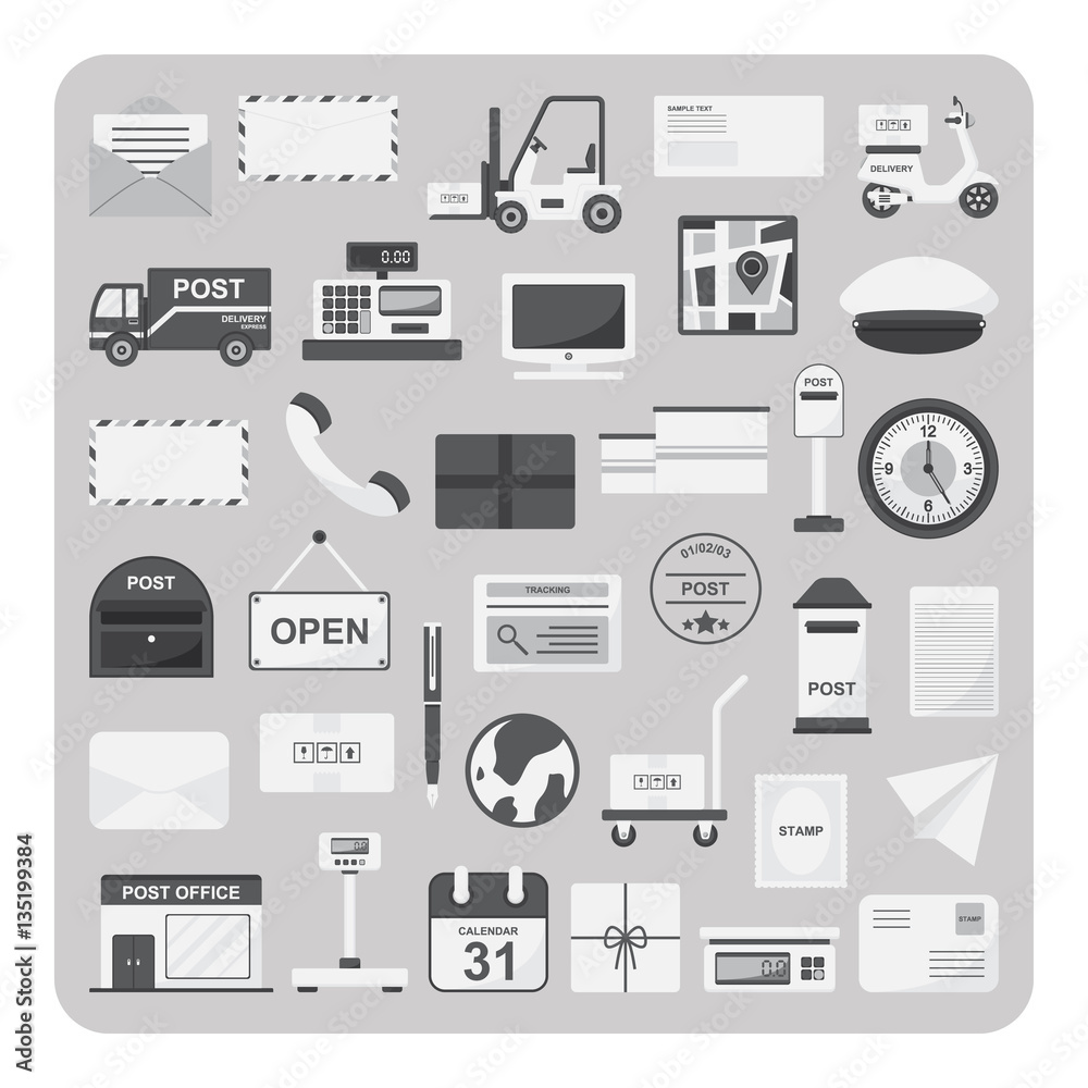 Vector of flat icons, Postal service and post office set on isolated background Vector of flat icons, Postal service and post office set on isolated background