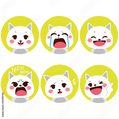 Little pet cute kitty cat facial expressions on flat color style