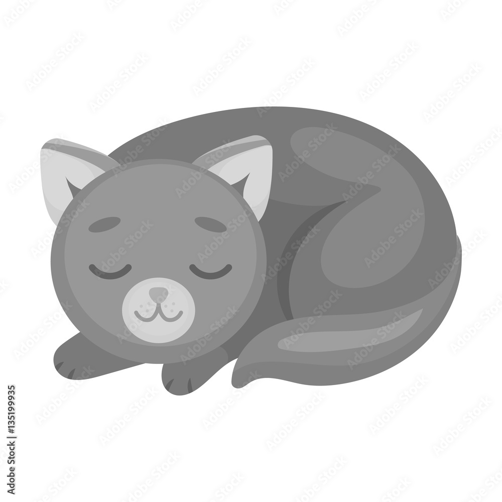 Sleeping cat icon in monochrome style isolated on white background. Sleep and rest symbol stock vector illustration.