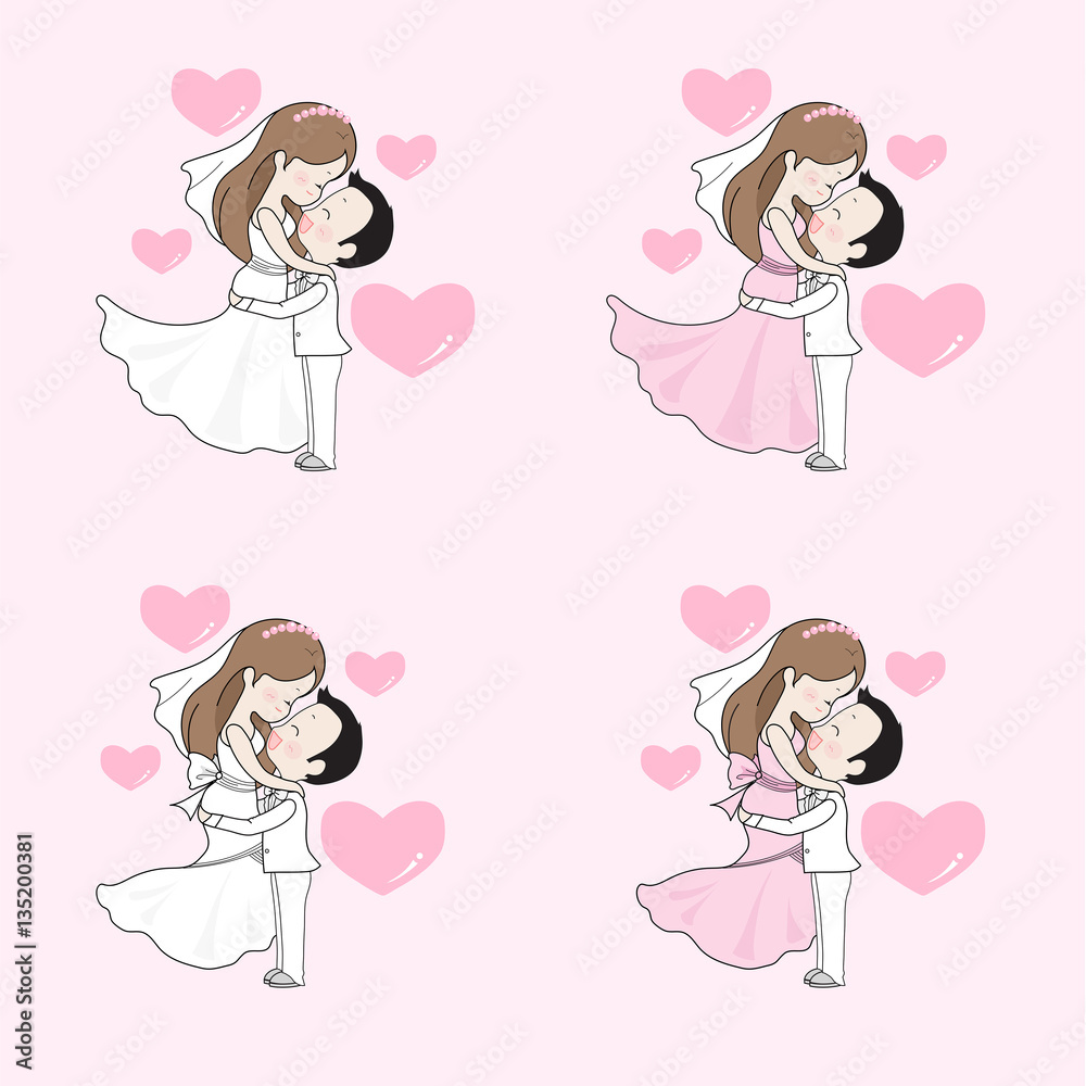 Wedding cartoon vector, bride and groom hug and look at each others Wedding cartoon vector, bride and groom hug and look at each others