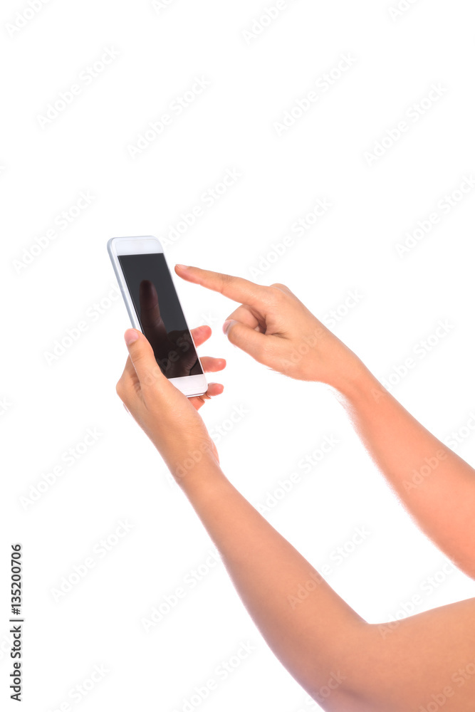 Woman Hand holding and Touch on Smartphone with blank screen iso Woman Hand holding and Touch on Smartphone with blank screen iso