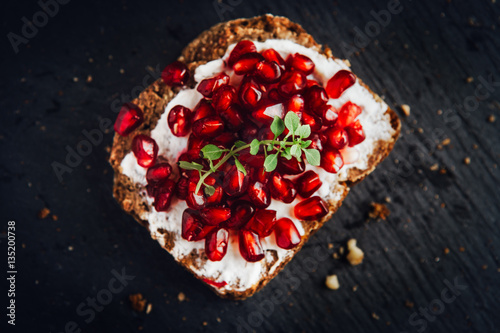 Top view of sweet sandwich with pomegranate