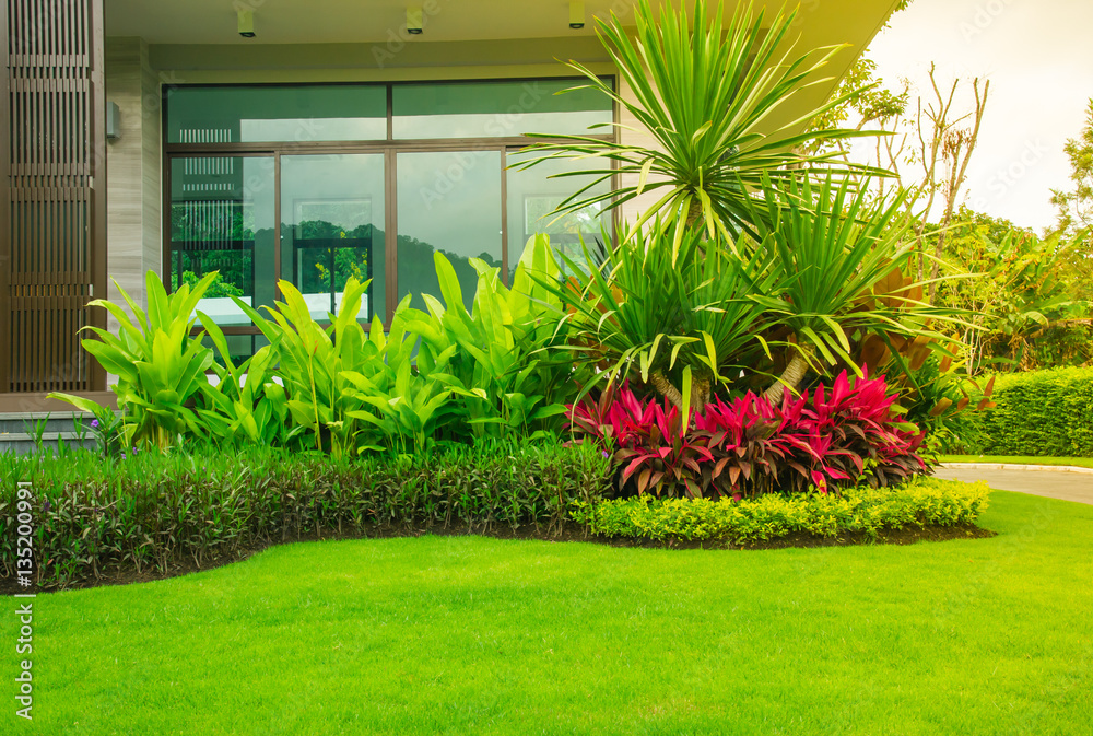 Modern house with beautiful landscaped front yard,Lawn and garden blur  background. Stock Photo | Adobe Stock