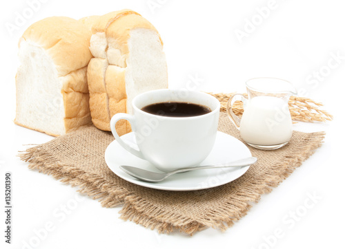 Breakfast with coffee and bread isolated photo