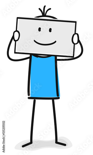 Figur hebt sich ein Blatt Papier mit positivem Smiley vors Gesicht